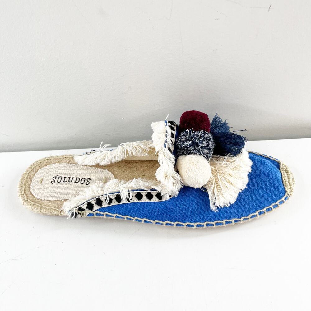 Soludos Coco Pom Pom Espadrille Mule Flats Blue White 8.5